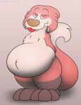  ambiguous_gender anthro belly big_belly black_body canid canine drake_(kitty_pride) fangs fox foxball fur half-closed_eyes hi_res looking_at_viewer mammal multicolored_body narrowed_eyes nude presenting red_body smile solo standing tan_body teeth thick_thighs tongue tongue_out wide_hips 