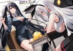  2girls @_@ azur_lane bare_shoulders bird black_hair blush breasts chick classroom cleavage desk grey_hair hair_ribbon highres large_breasts long_hair long_sleeves manjuu_(azur_lane) multiple_girls pencil peter_strasser_(azur_lane) prinz_heinrich_(azur_lane) purple_eyes red_eyes ribbon sidelocks smile squiggle takehana_note thighs twintails 