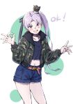  1girl akitsushima_(kancolle) blue_shorts camouflage camouflage_jacket choker crop_top hair_ribbon hat highres jacket kantai_collection ld_(luna_dial398) long_hair looking_at_viewer mini_hat ok_sign open_clothes open_jacket open_mouth ponytail purple_eyes purple_hair ribbon shorts side_ponytail solo 