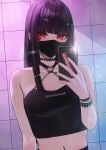  1girl black_hair black_mask blunt_bangs bracelet camera_flash cellphone choker commentary_request crop_top ear_piercing earrings enokawa_kokoro facial_mark fingernails halterneck hand_up hara_kenshi heart heart_o-ring highres holding holding_phone jewelry long_fingernails long_hair looking_at_viewer mask midriff mouth_mask nail_polish navel navel_piercing o-ring o-ring_top original phone piercing red_eyes red_nails selfie sidelocks smartphone solo spiked_bracelet spikes tile_wall tiles upper_body 
