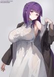  1girl black_coat breasts coat cut_bangs dress fern_(sousou_no_frieren) grey_background highres large_breasts long_hair looking_at_viewer patreon_username purple_eyes purple_hair see-through see-through_dress simao_(x_x36131422) simple_background solo sousou_no_frieren sweat white_dress 