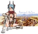  1girl armor armored_boots assassin_cross_(ragnarok_online) blue_hair boots breasts breasts_apart brown_gloves brown_leotard canyon closed_mouth commentary_request copyright_name desert elbow_gloves full_body gloves hair_between_eyes hair_over_one_eye high_heel_boots high_heels in-universe_location kneehighs leotard long_bangs looking_to_the_side medium_breasts navel oekaki pauldrons ragnarok_online red_scarf revealing_clothes scarf short_hair shoulder_armor sitting smile socks solo tokixwaa torn_scarf vambraces yellow_eyes 
