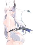  1girl ahoge ass bad_hands blue_eyes breasts demon_tail earrings horns jewelry looking_at_viewer low_wings meme_attire original pointy_ears ringo_amei sideboob simple_background solo standing tail thea_(nekojira) virgin_killer_sweater white_background white_hair wings 