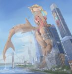  1:1 2d_(artwork) 4_toes aircraft alessandra_(scream) alternate_species anthro arched_back athletic athletic_anthro athletic_female backless_clothing backless_swimsuit bedroom_eyes big_breasts big_butt biped blonde_hair blue_eyes boat breast_squish breasts bridge brown_body brown_skin building bulging_breasts butt car city claws clothed clothing cloud colored countershade_torso countershading day destruction ear_piercing falling_object feet female fin fish fish_tail glowing glowing_jewelry glowing_necklace grin hair helicopter hi_res hindpaw jewelry knife_sheath leaning leaning_forward leaning_on_object lens_flare light long_hair looking_aside looking_at_viewer looking_down looking_down_at_viewer low-angle_view marine markings narrowed_eyes necklace nipple_outline notched_fin one-piece_swimsuit open-back_swimsuit orange_clothing orange_swimwear outside paws piercing pinup plant pose rear_view red_clothing red_swimwear reflection road sailing_boat sailing_watercraft scabbard scream_(artist) sea seductive shark sharp_teeth side_cut side_view sky skyscraper smile smiling_at_viewer smirk smirking_at_viewer solo splash spots spotted_body spotted_skin squish standing straps street_lamp striped_body striped_markings striped_skin striped_tail stripes sunlight swimwear tail tail_fin tail_markings tan_body tan_skin teeth thick_thighs thigh_strap tight_clothing tight_swimwear toes tree truck_(vehicle) vehicle water watercraft wet wet_tail 