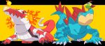  45_(maruyaki45) absurdres all_fours beak black_eyes claws closed_mouth fang fangs fangs_out feraligatr fire full_body highres natu no_humans on_head pokemon pokemon_(creature) pokemon_on_head sharp_teeth skeledirge skin_fang talons teeth wings yellow_background yellow_eyes 