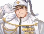  1boy bara black_hair brown_eyes facial_hair forked_eyebrows goatee hat highres ina_zuma large_pectorals looking_at_viewer male_focus mature_male military military_hat military_uniform muscular muscular_male peaked_cap pectorals scar scar_on_face scar_on_nose short_hair sideburns smile solo tokyo_afterschool_summoners undercut uniform upper_body yoritomo_(housamo) 