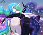  2023 absurd_res aerospine armor big_butt blue_body blue_eyes blue_feathers blue_fur blue_hair blue_mane blue_sclera blue_tail butt cutie_mark digital_media_(artwork) dock duo equid equine ethereal_hair ethereal_mane ethereal_tail eyelashes eyeshadow feathers female feral friendship_is_magic fur green_hair green_mane green_tail hair hasbro headgear helmet hi_res horn long_horn makeup mammal mane multicolored_hair multicolored_mane multicolored_tail my_little_pony nightmare_moon_(mlp) pink_eyes pink_hair pink_mane pink_tail princess_celestia_(mlp) pseudo_hair pseudo_mane pupils purple_eyeshadow purple_hair purple_mane purple_tail sharp_teeth sibling_(lore) signature sister_(lore) sisters_(lore) slit_pupils smile tail teeth white_body white_feathers white_fur winged_unicorn wings 