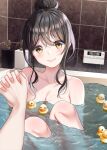  1boy 1girl absurdres bath bathing bathroom bathtub black_hair breasts cleavage closed_mouth commentary_request hair_bun highres holding_hands hominotsu interlocked_fingers knees_up mixed_bathing original partially_submerged pov pov_hands rubber_duck single_hair_bun sitting smile solo_focus tile_wall tiles water yellow_eyes 