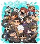  &gt;_&lt; 1girl 6+boys agyo_(housamo) animal_ears aqua_fur bara black_eyes black_hair blue_background blue_fire blue_hair blunt_bangs blush book border brown_fur brown_hair chest_tuft chibi clenched_hand closed_eyes closed_mouth cloud collared_shirt creature cross_scar devil_(housamo) dog_boy dog_ears dog_tail eyebrow_cut facial_hair facial_mark fang fire forehead_mark forked_eyebrows full_body furry furry_male gakuran glasses gloves goatee grin hand_tattoo hanuman_(housamo) highres holding holding_book holding_sword holding_weapon jacket jewelry komainu_boy komainu_ears komainu_tail loafers long_hair long_sideburns magatama male_focus minamo_retasu monkey_boy monkey_tail moritaka_(housamo) motoori_shiro multiple_boys necklace necktie open_mouth outline outstretched_arms protagonist_1_(housamo) protagonist_2_(housamo) protagonist_3_(housamo) protagonist_4_(housamo) protagonist_5_(housamo) red_jacket red_necktie sakimori_toji scar scar_on_cheek scar_on_face school_uniform shirt shoes short_hair sideburns single_glove skirt smile star_tattoo stubble sword tail takabushi_kengo tattoo thick_eyebrows thighhighs tokyo_afterschool_summoners tongue tongue_out two-tone_fur weapon white_border white_fur white_gloves white_outline white_shirt yakushimaru_ryota 