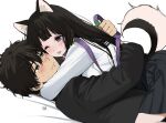  1boy 1girl ;p animal_ears artist_logo black_hair black_jacket black_skirt blush breasts cat_tail chitanda_eru closed_mouth dog_ears eye_contact from_side girl_on_top green_eyes heart holding holding_leash hyouka jacket large_breasts leash long_hair looking_at_another lying lying_on_person mery_(yangmalgage) one_eye_closed oreki_houtarou purple_eyes school_uniform shirt short_hair skirt sweat tail tongue tongue_out white_shirt 