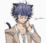  1boy animal_ears blue_eyes blue_hair bracelet brown_jacket cat_ears cat_tail chest_tattoo cigarette collared_shirt facial_hair glasses hand_on_own_face hand_up hashi_(84_rainco) jacket jewelry kemonomimi_mode long_sleeves male_focus master_detective_archives:_rain_code messy_hair open_mouth round_eyewear scratching_head shirt short_hair simple_background solo stubble sweatdrop tail tattoo tinted_eyewear upper_body white_background yakou_furio 