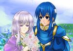  1boy 1girl blue_cape blue_eyes blue_hair brother_and_sister cape circlet fire_emblem fire_emblem:_genealogy_of_the_holy_war flower headband holding holding_flower julia_(fire_emblem) ponytail purple_cape purple_eyes purple_hair seliph_(fire_emblem) siblings squinting unanamikan white_headband 