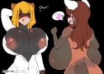  2022 ailurid anthro areola artist_name autumn_(directorscar) big_breasts biped black_background blonde_hair blush breasts brown_hair clothing coat duo empty_eyes eyes_closed female fur hair huge_breasts hyper hyper_breasts implied_breast_expansion lab_coat mammal nipples nude oops pictographics raina_(dfstarfield) red_panda sagestrike2_(artist) simple_background speech_bubble story story_in_description stylized_empty_eyes topwear 