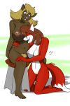  anthro beaver beverly_(sailoranna) big_breasts black_nose blonde_hair blue_eyes breasts brown_body brown_fur brown_hair canid canine dipstick_tail duo embrace eyes_closed female female/female fox fur hair hi_res hug mammal markings navel nipples open_mouth pink_nipples pink_nose pubes red_body red_fur rodent sailoranna sitting tail tail_markings tina_(sailoranna) 