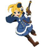  1girl ayase_eli black_pantyhose blonde_hair blue_cape blue_coat blue_eyes blue_footwear blue_skirt blush boots brown_footwear brown_gloves cape coat cosplay gloves gun gunner_(sekaiju) gunner_(sekaiju)_(cosplay) handgun holding holding_gun holding_weapon love_live! open_mouth pantyhose pleated_skirt ponytail sekaiju_no_meikyuu shin_ala simple_background skirt solo weapon white_background 