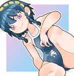  1girl azuma_tobera bare_arms bare_shoulders blue_hair blue_one-piece_swimsuit braid closed_mouth collarbone cum hair_between_eyes mato_seihei_no_slave one-piece_swimsuit outline pink_eyes short_hair sicky_(pit-bull) sitting smile solo split_mouth swimsuit twin_braids white_outline 