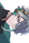  1boy alhaitham_(genshin_impact) aqua_eyes aqua_hair asymmetrical_sidelocks black_shirt closed_mouth colored_inner_hair genshin_impact genshin_kakino grey_hair hair_between_eyes hair_over_one_eye headphones highres looking_at_viewer male_focus mandarin_collar multicolored_eyes multicolored_hair parted_bangs portrait reversed shirt short_hair sidelocks sideways simple_background solo streaked_hair swept_bangs symbol-shaped_pupils two-tone_hair unfinished white_background 