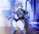  2023 anthro big_butt bottom_heavy breasts butt digital_media_(artwork) disney female gym gym_clothing hi_res huge_butt huge_thighs judy_hopps lagomorph leporid looking_at_viewer mammal purple_eyes rabbit rear_view solo thick_thighs xxsparcoxx zootopia 