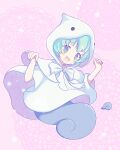  1girl blue_eyes blush cloak eyelashes full_body ghost_costume ghost_girl ghost_tail green_hair highres jazz_grace looking_at_viewer open_mouth pink_background puyopuyo puyopuyo_fever short_hair simple_background solo white_cloak white_hood yu_(puyopuyo) 