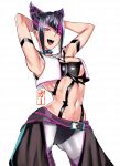  1girl :d armpits arms_behind_head black_choker blue_eyes breasts choker eye_(mememem) han_juri heterochromia highres looking_at_viewer navel open_mouth purple_eyes purple_hair revealing_clothes simple_background smile spiked_choker spikes stomach street_fighter street_fighter_6 upper_body white_background 