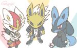  3boys animal_ears animal_hands animal_nose arm_at_side artist_name black_footwear black_fur black_hakama black_kimono black_sclera blue_fur blue_pants body_fur chibi cinderace closed_mouth clothed_pokemon colored_sclera commentary_request crossed_arms dog_tags flame_print full_body furry furry_male hakama hand_on_own_hip jacket japanese_clothes jewelry jolteon kiki_(431642) kimono long_sleeves looking_at_viewer lucario male_focus multiple_boys necklace pants personification pokemon pokemon_(creature) punk rabbit_boy rabbit_ears rabbit_tail red_eyes red_hair red_shorts sandals shirt shoes short_hair shorts signature simple_background sketch snout socks spiked_hair spikes standing tail torn_clothes torn_pants two-tone_fur white_background white_eyes white_fur white_hair white_jacket white_shirt white_socks wolf_boy wolf_ears wolf_tail yellow_fur 