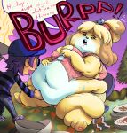  after_eating animal_crossing anthro belly belly_grab big_belly blonde_hair bodily_fluids breasts buckteeth burping button_(fastener) canid canine canis clothed clothing domestic_dog duo english_text female fur hair hi_res holotuff huge_belly human isabelle_(animal_crossing) mammal morbidly_obese morbidly_obese_anthro morbidly_obese_female nintendo obese obese_anthro obese_female open_mouth overweight overweight_anthro overweight_female shih_tzu straining_buttons sweat teeth text toy_dog yellow_body yellow_fur 
