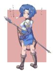  1girl =3 absurdres armor belt blue_dress blue_eyes blue_hair boobplate boots breastplate brown_belt brown_footwear catria_(fire_emblem) dagger dress fire_emblem fire_emblem:_mystery_of_the_emblem full_body gold_trim hair_intakes headband highres holding holding_polearm holding_weapon knee_boots kneepits knife legs_apart open_mouth polearm powerhamuhamu sheath short_dress short_hair shoulder_armor side_slit solo spear standing translation_request v-shaped_eyebrows weapon white_headband 