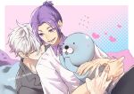  2boys black_pants blue_lock closed_eyes collared_shirt cowboy_shot grey_shirt holding holding_stuffed_toy hug hug_from_behind mai_(mayuge_necono) male_focus mikage_reo multiple_boys nagi_seishirou open_mouth pants pink_background purple_eyes purple_hair purple_shirt shirt short_eyebrows short_hair short_ponytail short_sleeves sitting smile stuffed_toy twitter_username upper_body white_hair yaoi 