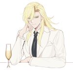  1boy alcohol black_necktie blonde_hair champagne champagne_flute closed_mouth collared_shirt commentary_request cup drinking_glass green_eyes hair_between_eyes highres honkai:_star_rail honkai_(series) jacket long_hair long_sleeves looking_at_viewer luocha_(honkai:_star_rail) male_focus manboygxg necktie parted_bangs shirt simple_background smile solo suit upper_body white_background white_jacket white_shirt 