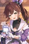  1girl ahoge bare_shoulders black_bow blurry blurry_background bow breasts brown_eyes brown_hair cleavage cleavage_cutout clothing_cutout commentary_request covered_collarbone depth_of_field diantha_(granblue_fantasy) dress gloves granblue_fantasy hair_between_eyes hair_bow holding jacket long_sleeves medium_breasts omuretsu open_clothes open_jacket pastry_bag ponytail puffy_long_sleeves puffy_sleeves purple_jacket sleeveless sleeveless_dress solo white_dress white_gloves wooden_floor 