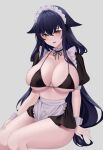  1girl absurdres alternate_costume animal_ears apron arm_support azuma_(azur_lane) azur_lane black_skirt blue_hair breasts choker cleavage crossed_bangs dot_nose enmaided frilled_apron frilled_choker frills hair_between_eyes highres huge_breasts light_blush long_hair looking_at_viewer maid maid_headdress miniskirt nanako94418108 open_mouth puffy_short_sleeves puffy_sleeves short_sleeves simple_background sitting skirt solo string_bra teeth thighs upper_teeth_only white_apron white_background wrist_cuffs yellow_eyes 