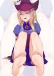  1girl absurdres bare_legs barefoot blonde_hair blue_dress blue_eyes blush breasts collared_dress commentary commission dress elbow_gloves english_commentary eyelashes feet fingerless_gloves foot_focus ghhoward gloves hat highres knees_up long_hair looking_at_viewer mole mole_under_eye open_mouth original parted_bangs pixiv_commission puffy_short_sleeves puffy_sleeves purple_headwear red_gloves short_sleeves sidelocks soles solo teeth toenails toes upper_teeth_only witch_hat zoom_layer 