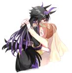  2girls air_shakur_(belphegor&#039;s_prime)_(umamusume) air_shakur_(umamusume) animal_ears black_hair black_jacket black_pants blush bridal_veil brown_hair closed_eyes colored_tips cropped_torso fine_motion_(titania)_(umamusume) fine_motion_(umamusume) hair_bun horns horse_ears hug jacket long_hair long_sleeves looking_at_viewer looking_back low_wings multicolored_hair multiple_girls mutual_hug pants romi_(346_ura) simple_background umamusume upper_body veil white_background wings yellow_eyes 