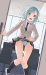  1girl ass_visible_through_thighs backlighting bang_dream! black_necktie black_skirt black_socks blue_hair blue_panties blush botan_m braid breast_pocket breasts brown_jacket buttons chair clothes_lift collared_shirt commentary_request day door dutch_angle english_commentary green_eyes hair_tie have_to_pee highres hikawa_hina indoors jacket kneehighs knees_together_feet_apart legs long_sleeves miniskirt mixed-language_commentary necktie nervous nervous_smile open_mouth panties pantyshot plaid plaid_skirt pleated_skirt pocket school_uniform shirt shoes short_hair sidelocks skirt skirt_lift small_breasts smile socks solo standing striped_necktie sweat thighs twin_braids underwear upskirt v-shaped_eyebrows white_footwear white_shirt window 