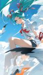  1girl above_clouds absurdres animal aqua_eyes aqua_hair bird black_shorts blurry blurry_foreground chinese_commentary cloud commentary day feet_out_of_frame floating_hair hair_ribbon hatsune_miku highres jiu_ye_sang long_hair looking_to_the_side neck_ribbon on_cloud outdoors red_ribbon ribbon seagull sekiranun_graffiti_(vocaloid) shiny_(module) shirt short_shorts short_sleeves shorts sidelighting sitting_on_cloud smile solo striped striped_ribbon swept_bangs twintails very_long_hair vocaloid white_bird white_shirt wind wrist_ribbon 