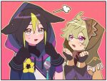  1boy 1girl =3 animal_ears black_gloves black_hair capelet collei_(genshin_impact) fingerless_gloves flower fox_boy fox_ears genshin_impact gloves green_capelet green_hair highres hood hood_up hooded_capelet looking_up medal multicolored_hair nploser open_mouth purple_eyes simple_background sweat tighnari_(genshin_impact) upper_body yellow_flower 