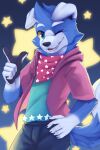  anthro blue_body blue_bottomwear blue_clothing blue_eyes blue_fur blue_topwear bottomwear canid canine canis clothed clothing domestic_dog fangs fur glistening glistening_eyes head_tuft hi_res kerchief kuttoyaki looking_at_viewer male mammal neckerchief one_eye_closed open_mouth pink_clothing pink_topwear red_kerchief red_neckerchief red_tongue solo standing star teeth tongue topwear tuft white_body white_fur yellow_sclera 