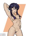  1girl absurdres arm_behind_head arm_up armpits bad_source bikini black_hair blush breasts cameltoe covered_nipples cowboy_shot earrings exquisit-e fire_emblem fire_emblem:_genealogy_of_the_holy_war fire_emblem_heroes hand_on_own_hip highres jewelry larcei_(fire_emblem) micro_bikini navel sideboob simple_background smile solo standing string_bikini swimsuit thighs underboob 