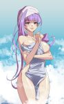  1girl arm_under_breasts blue_hair breasts collarbone don_(rg06268) highres large_breasts long_hair looking_at_viewer macross macross_delta mikumo_guynemer multicolored_hair naked_towel open_hand open_mouth purple_hair red_eyes sky smile solo steam streaked_hair towel towel_on_head very_long_hair wet 