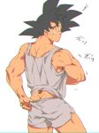  1boy back bara black_hair dragon_ball dragon_ball_z harunkea highres male_focus muscular muscular_male short_hair shorts simple_background solo son_goku spiked_hair tank_top translated white_background white_shorts white_tank_top 