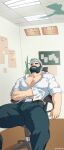  1boy absurdres arm_hair bara beard bulge chest_hair collared_shirt drooling erection erection_under_clothes facial_hair feet_out_of_frame hairy highres incredibly_absurdres large_pectorals male_focus mature_male mouth_drool muscular muscular_male navel_hair o2h_(oblivionh) original partially_unbuttoned pectoral_cleavage pectorals salaryman scratching_stomach shirt sideburns sleepy solo spread_legs thick_eyebrows thick_mustache thick_thighs thighs 