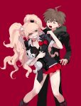  1boy 1girl ahoge bear_hair_ornament black_bra black_choker black_jacket black_necktie black_shirt bow bra breasts brown_hair choker collarbone d: danganronpa:_trigger_happy_havoc danganronpa_(series) doll enoshima_junko feet_out_of_frame green_hoodie grin hair_ornament highres holding holding_doll hood hoodie jacket large_breasts microskirt monokuma naegi_makoto necktie open_clothes open_jacket pleated_skirt red_background red_bow red_skirt sg_(sallgam) shirt shirt_bow short_hair simple_background skirt smile standing teeth twintails underwear upper_teeth_only white_necktie 