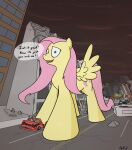  2015 building car crushed_vehicle cutie_mark destroyed_building dialogue equid equine female feral fluttershy_(mlp) friendship_is_magic hasbro hi_res looking_at_viewer macro mammal mane my_little_pony open_mouth outside pegasus pink_mane rapidstrike road speech_bubble spread_wings vehicle wings yellow_body 