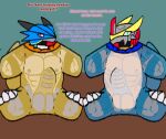  anthro ball_gag bandai_namco bdsm bondage bondage_gear bondage_gloves bound chastity_cage chastity_device digimon digimon_(species) dragman duct_tape duo english_text gag humanoid male male/male muscular muscular_male plushification sounding_rod tape text ulforceveedramon urethral victorygreymon 