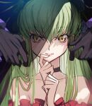  breasts c.c. cleavage clenched_hand collarbone creayus dress green_hair long_bangs long_hair looking_at_viewer open_mouth red_dress solo_focus veil yellow_eyes 