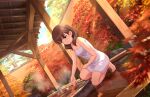 1girl architecture armpit_crease barefoot blurry blurry_foreground breasts brown_hair cleavage day dutch_angle east_asian_architecture feet full_body game_cg green_eyes hand_on_own_thigh idolmaster idolmaster_cinderella_girls idolmaster_cinderella_girls_starlight_stage kneeling medium_hair naked_towel official_art onsen outdoors sakuma_mayu small_breasts solo spread_toes thighs tiptoes toenails toes towel 