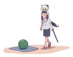  2boys animal_ears blue_shorts cat_ears covering_another&#039;s_eyes food fruit full_body highres luo_xiaohei luo_xiaohei_zhanji multiple_boys nploser open_mouth saliva sandles shirt short_sleeves shorts simple_background sitting_on_shoulder suikawari walking watermelon white_background white_hair white_shirt wuxian_(the_legend_of_luoxiaohei) 
