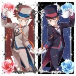  2boys ;) arm_up border brothers buttons closed_mouth commentary_request cup emmet_(pokemon) emmet_(special_costume)_(pokemon) flower gloves grey_eyes hat highres ingo_(pokemon) ingo_(special_costume)_(pokemon) jacket male_focus mocacoffee_1001 monocle multiple_boys official_alternate_costume one_eye_closed pants pokemon pokemon_(game) pokemon_masters_ex pouring saucer shirt siblings smile split_mouth tailcoat tea teacup teapot top_hat vest white_border white_gloves 