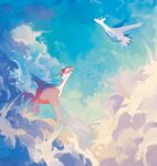  above_clouds cloud day flying from_side highres latias latios nashiro_o77o no_humans outdoors pokemon pokemon_(creature) twitter_username watermark yellow_eyes 