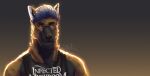  2021 acidwuff anthro black_clothing black_nose black_topwear blue_hair brown_body bust_portrait canid cheek_tuft clothed clothing dated ear_piercing ear_ring ear_stud facial_tuft front_view gradient_background grey_body hair hi_res looking_aside male mammal mouth_closed neck_tuft piercing portrait pupils ring_piercing short_hair signature simple_background slit_pupils solo topwear tuft 